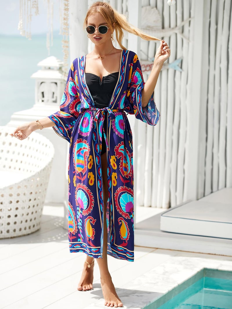 IMAGEKOPE Womenâ€™s Kimono Cover Up Long Beach Dress Swimsuit Cover Ups Colorful Cardigan Lightweight Robe for Swimwear - Image 5