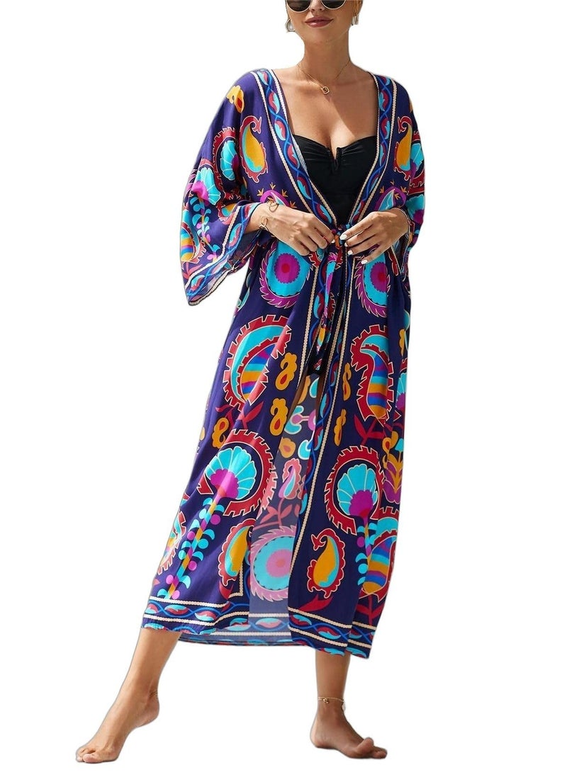 IMAGEKOPE Womenâ€™s Kimono Cover Up Long Beach Dress Swimsuit Cover Ups Colorful Cardigan Lightweight Robe for Swimwear - Image 1