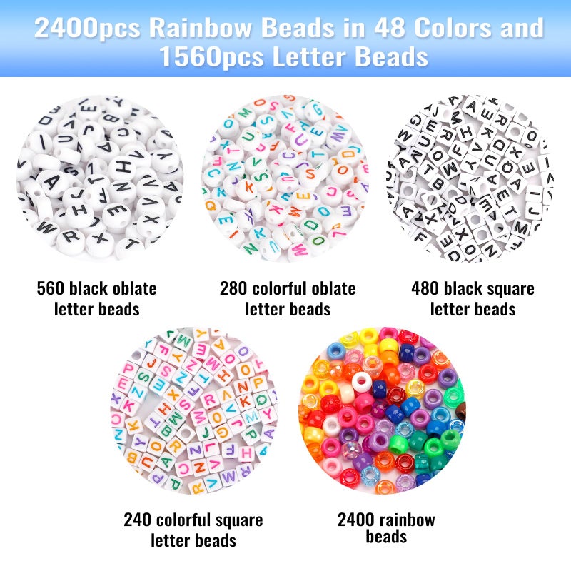 Quefe 3960pcs Pony Beads for Friendship Bracelet Making Kit 48 Colors Kandi Beads Set, 2400pcs Plastic Rainbow Bulk and 1560pcs Letter Beads with 20 Meter Elastic Threads for Craft Jewelry Necklace - Image 3