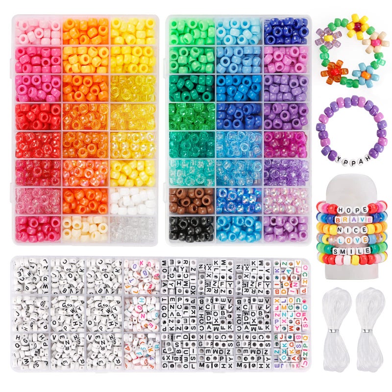 Quefe 3960pcs Pony Beads for Friendship Bracelet Making Kit 48 Colors Kandi Beads Set, 2400pcs Plastic Rainbow Bulk and 1560pcs Letter Beads with 20 Meter Elastic Threads for Craft Jewelry Necklace - Image 1