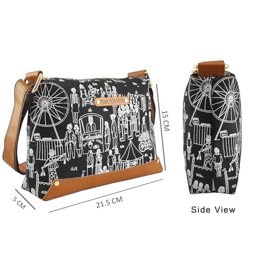 Funk For Hire Women Printed Canvas Small/Mini Box Sling Crossbody Bag - Black - Image 2