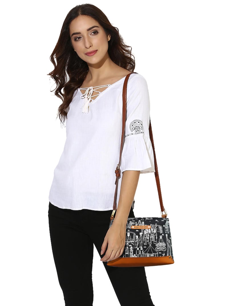 Funk For Hire Women Printed Canvas Small/Mini Box Sling Crossbody Bag - Black - Image 4