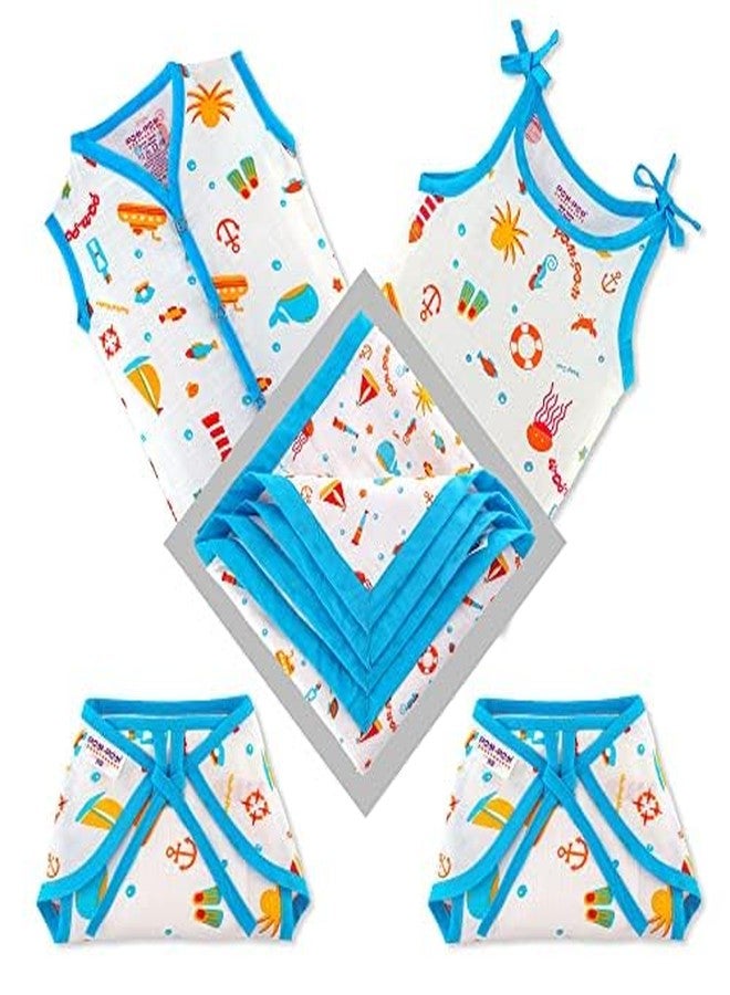 BUMSIES Newborn Baby Clothing Gift Set –Soft 100% Cotton Essentials for Boys & Girls | Gift Pack of 5-1Vest, 1Slip, 2Tie-Up Nappy/Langot & 2-Layer Swaddle/Blanket | Blue (New Born) - Image 1