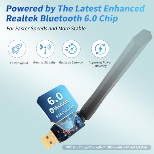 Krisnorey Long Range Bluetooth 6.0 Adapter for PC, Built-in PA for 5dBi High-Gain Wireless USB Dongle for Windows 11/10/8.1 Laptop Desktop, Plug & Pair w/Bluetooth Headphones Speaker Keyboard Mouse - Image 2