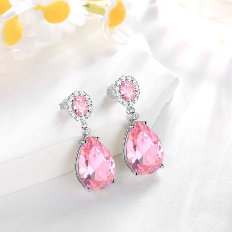 Juwaliy Pink Women Dangle Earrings Teardrop October Birthstone Tourmaline Earring Jewelry 925 Sterling Silver Mom Birthday Christmas Valentine's Day Gift - Image 5