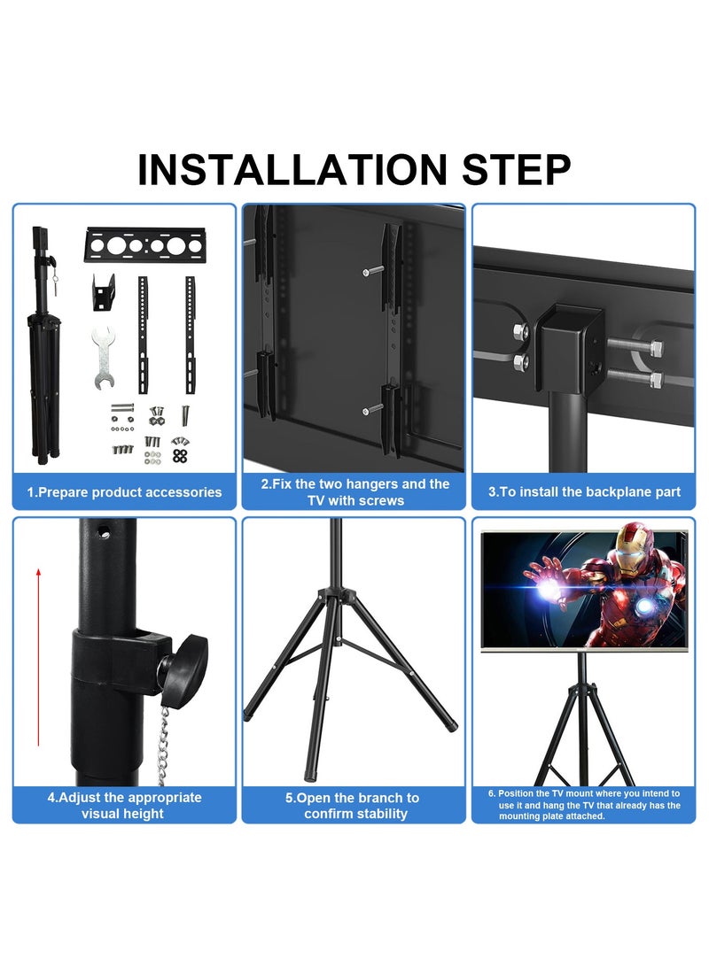 حامل ثلاثي القوائم للتلفزيون المحمول قابل للإمالة لشاشات التلفزيون/الشاشات المسطحة LED LCD OLED مقاس 20-50 بوصة، حامل قابل للطي وتعديل الارتفاع، حامل عرض أرضي أسود مع أقصى VESA 400 × 400 مم