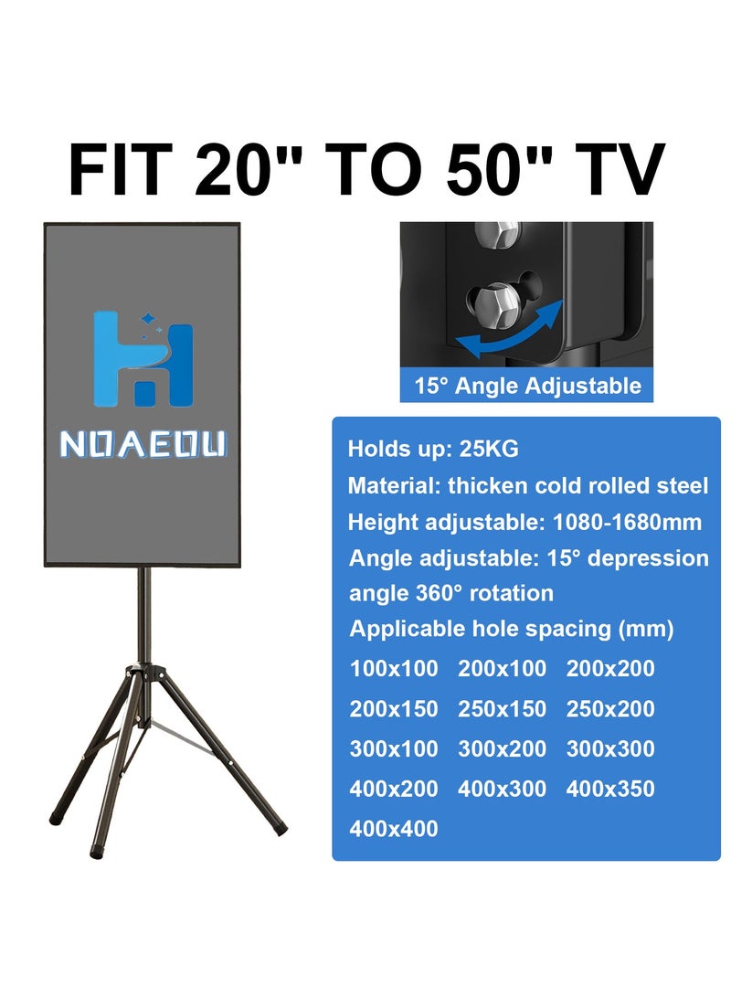حامل ثلاثي القوائم للتلفزيون المحمول قابل للإمالة لشاشات التلفزيون/الشاشات المسطحة LED LCD OLED مقاس 20-50 بوصة، حامل قابل للطي وتعديل الارتفاع، حامل عرض أرضي أسود مع أقصى VESA 400 × 400 مم