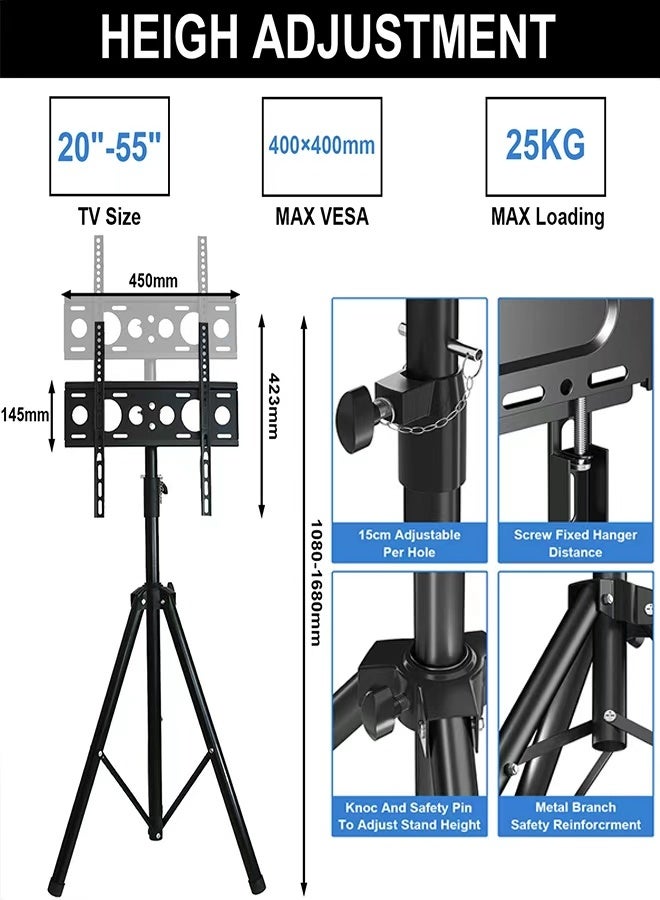 NOAEOU 55" TV Stand Tripod No Drill Foldable Portable Height Adjustable ±15°Tilt VESA 400x400 - Image 2