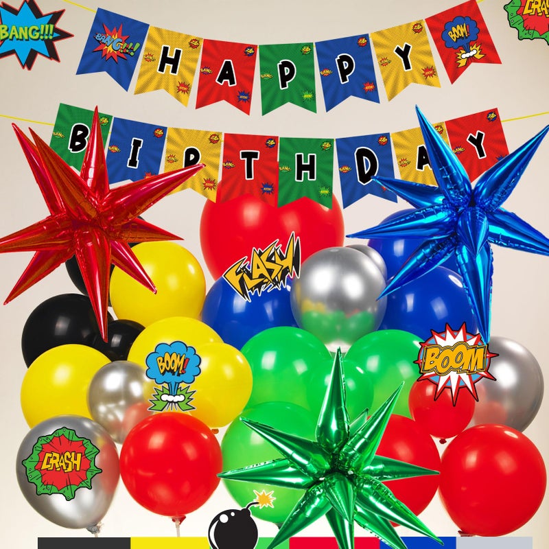 kozee Super hero Balloon garland kit Red blue green yellow black balloons and star balloons Banner card stickers for Comic Book Theme Super man Cartoon Baby Shower Birthday Party decorations - Image 4