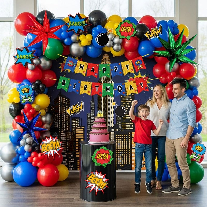 kozee Super hero Balloon garland kit Red blue green yellow black balloons and star balloons Banner card stickers for Comic Book Theme Super man Cartoon Baby Shower Birthday Party decorations - Image 5