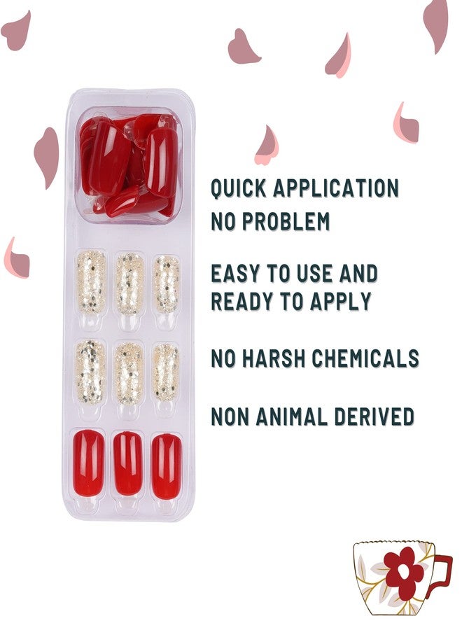 ليك أظافر ليك - أظافر لاصقة قابلة لإعادة الاستخدام، أظافر صناعية فرنسية، أظافر أكريليك لامعة ذهبية مع أحمر لامع (عبوة من 30) - Image 2