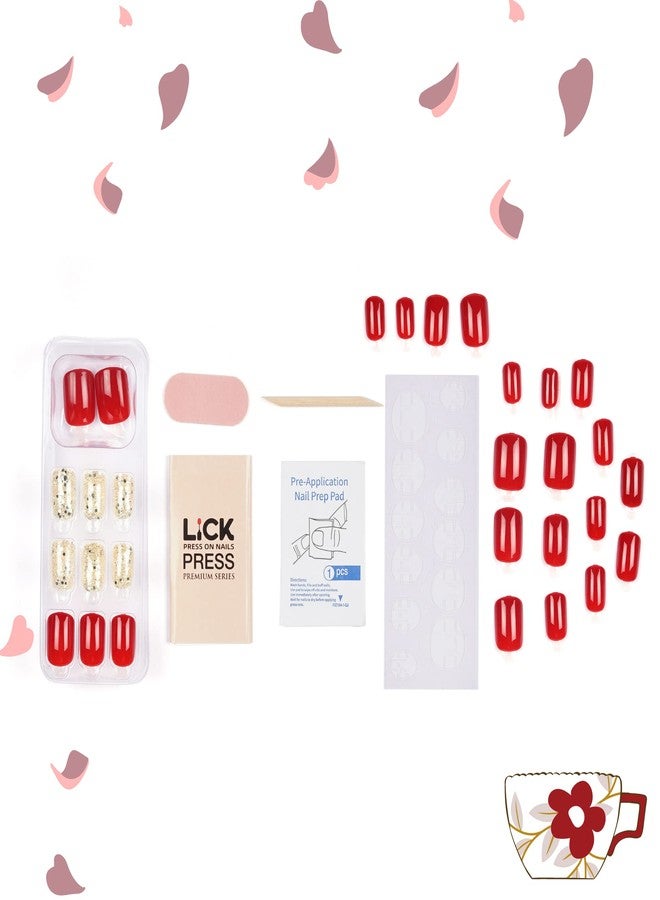 ليك أظافر ليك - أظافر لاصقة قابلة لإعادة الاستخدام، أظافر صناعية فرنسية، أظافر أكريليك لامعة ذهبية مع أحمر لامع (عبوة من 30) - Image 3