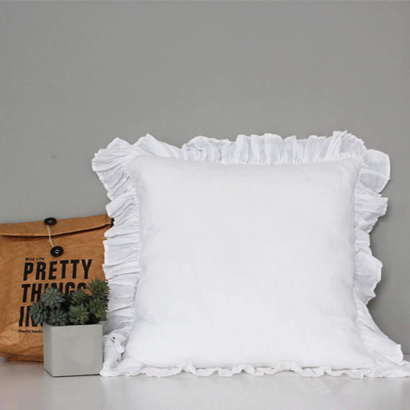 King Linens 100 French Linen Throw Pillow Covers  Set of 2  Washed Flax Decorative Ruffled Square Cushion Cover Solid Color Soft Breathable  White 18 x 18