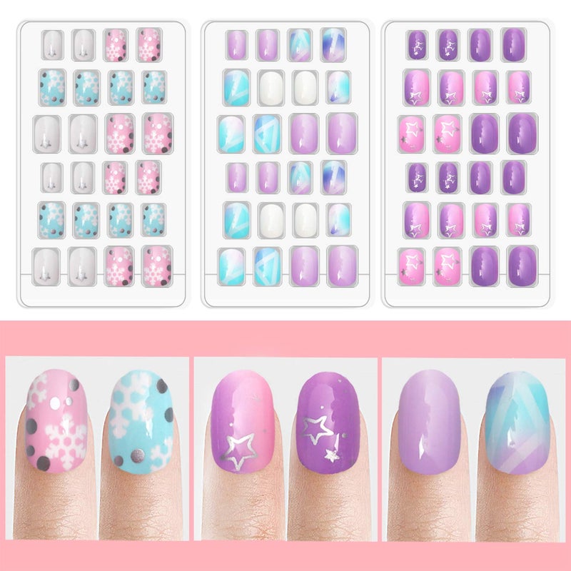 Laza 120pcs Children Nails Press On Pre-glue Full Cover Nail Tips Kit Glitter Gradient Color Rainbow Short Artificial False Nail Kits Lovely Christmas Gift for Children Kids Girls - Silver Pearl - Image 3