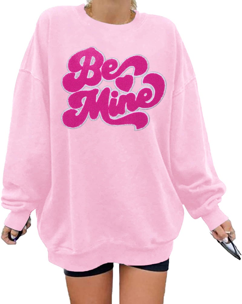 VILOVE Valentine Sweatshirts for Women Be Mine Glitter Patch Valentine Shirts Oversized Love Heart Holiday Outfits Pink - Image 1