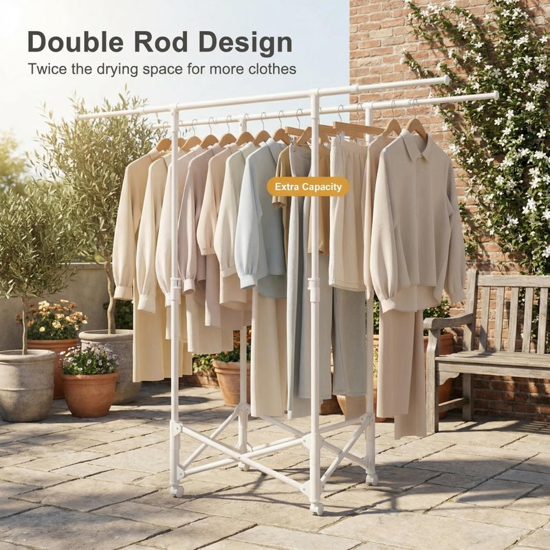 Tujurich Clothes Drying Rack, Double Rod Extendable 33.1â€“56.7 Inches, No Assembly & Foldable Clothing Rack for Hanging Clothes with Wheels, for Indoor Outdoor Laundry Room Organization, White - Image 2