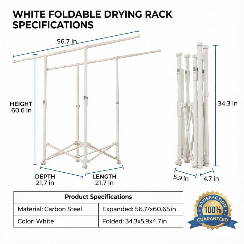 Tujurich Clothes Drying Rack, Double Rod Extendable 33.1â€“56.7 Inches, No Assembly & Foldable Clothing Rack for Hanging Clothes with Wheels, for Indoor Outdoor Laundry Room Organization, White - Image 3