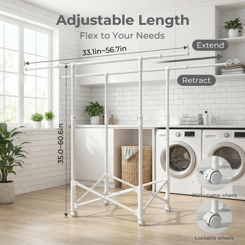 Tujurich Clothes Drying Rack, Double Rod Extendable 33.1â€“56.7 Inches, No Assembly & Foldable Clothing Rack for Hanging Clothes with Wheels, for Indoor Outdoor Laundry Room Organization, White - Image 5
