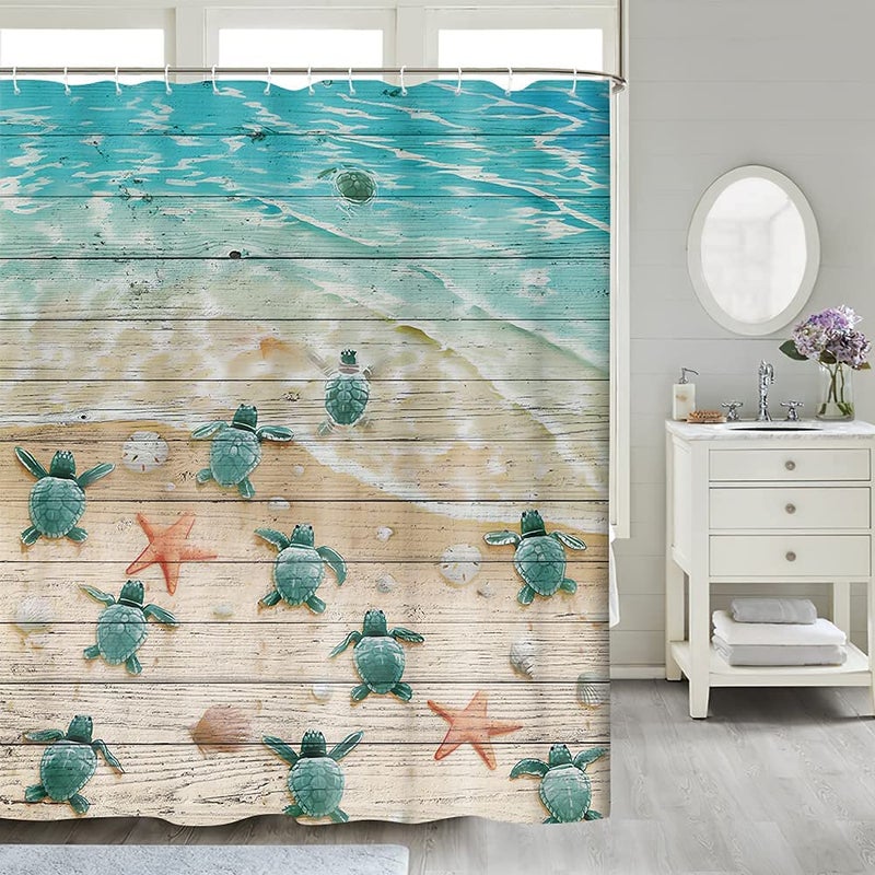 Sea Turtle Shower Curtain Kids Turtles and Starfish at Ocean Sandy Beach on Rustic Vintage Teal Wood Board Farmhouse Shower Curtain for Bathrrom Sea Creatures Nautical Life Bath Curtain 60X70