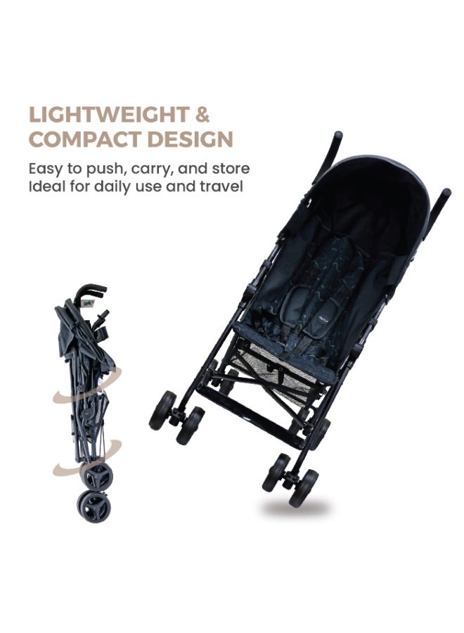 Nurtur Leo Travel Lightweight Stroller Pro – Compact Fold, Adjustable and removable Sun Canopy, Portable Buggy for Toddlers 6-36 Months, Easy Fold, Shopping Basket, 5 point Harness, Padded seat & Backrest, Swivel front wheels with lock  - Black - Image 4