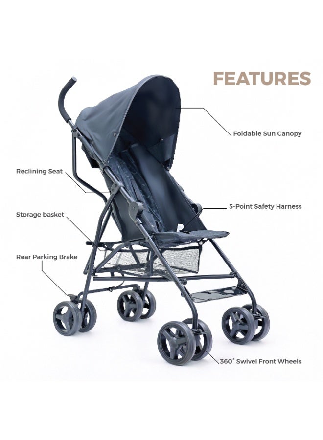 Nurtur Leo Travel Lightweight Stroller Pro – Compact Fold, Adjustable and removable Sun Canopy, Portable Buggy for Toddlers 6-36 Months, Easy Fold, Shopping Basket, 5 point Harness, Padded seat & Backrest, Swivel front wheels with lock  - Black - Image 2