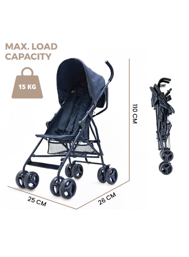 Nurtur Leo Travel Lightweight Stroller Pro – Compact Fold, Adjustable and removable Sun Canopy, Portable Buggy for Toddlers 6-36 Months, Easy Fold, Shopping Basket, 5 point Harness, Padded seat & Backrest, Swivel front wheels with lock  - Black - Image 5