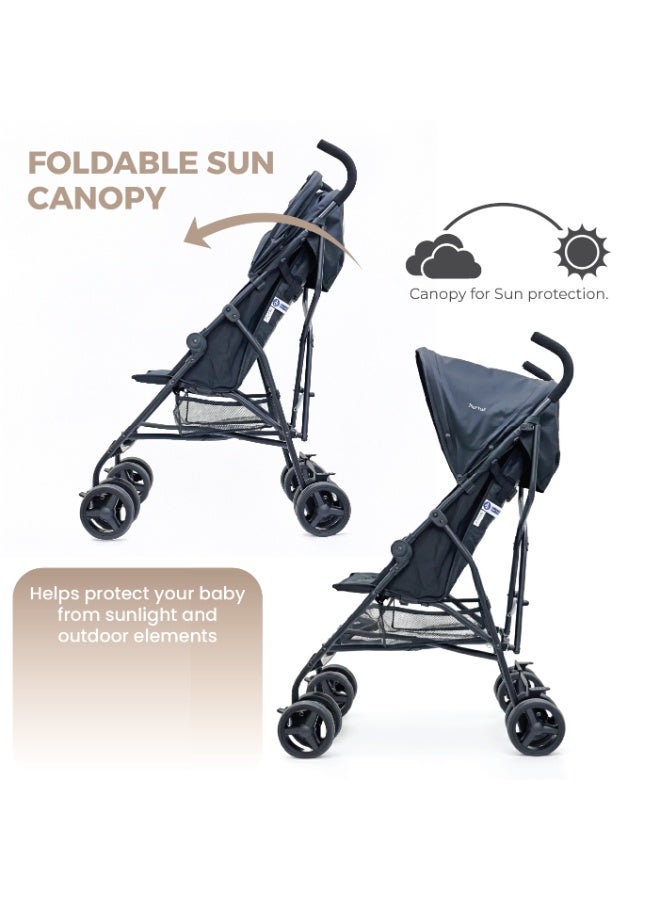 Nurtur Leo Travel Lightweight Stroller Pro – Compact Fold, Adjustable and removable Sun Canopy, Portable Buggy for Toddlers 6-36 Months, Easy Fold, Shopping Basket, 5 point Harness, Padded seat & Backrest, Swivel front wheels with lock  - Black - Image 3