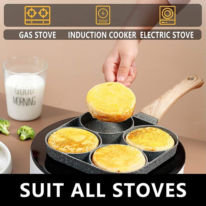 Hidak Cooking Pan with Wood Handle Frying Pot Pancake Pan Durable 4-Hole Cooking Utensils Egg Frying Pot for Burgers Sandwiches Pancakes Egg Frying Pan - Image 4