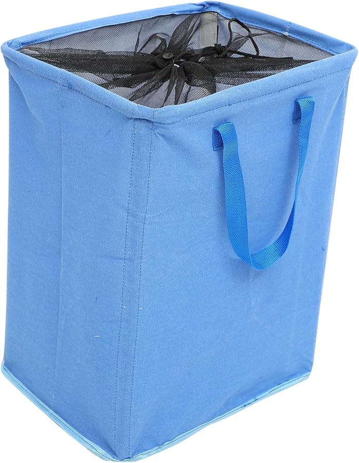 سلة غسيل قابلة للطي كبيرة من القطن والكتان بمقابض باللون الأزرق - Image 2