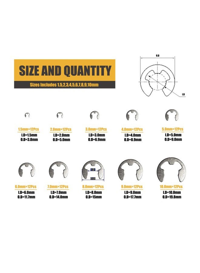 MARSTEK 304 Stainless Steel E Clip Assortment Kit E-Clip External Retaining Ring Assortment Set (M1.5-M10,120 PCS) - Image 2