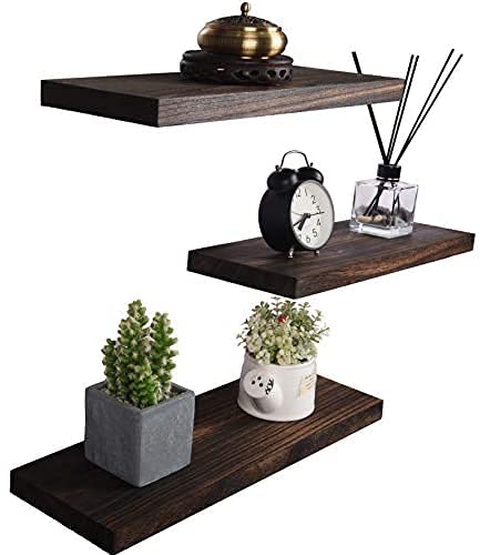 VM decor Rustic Wood Floating Shelves Wall Mounted Farmhouse Wooden Wall Shelf for Bathroom Kitchen Bedroom Living Room Set of 3 Dark Brown - Image 2