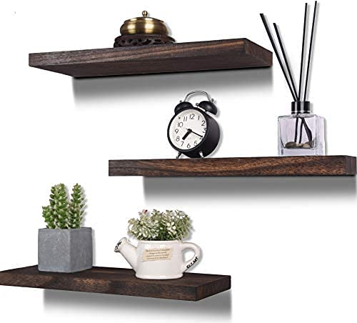 VM decor Rustic Wood Floating Shelves Wall Mounted Farmhouse Wooden Wall Shelf for Bathroom Kitchen Bedroom Living Room Set of 3 Dark Brown - Image 1