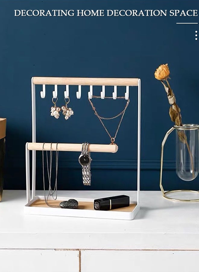 DUNISO Jewellery Organiser Stand, 2-Tier Jewelry Tower Rack with Earring Tray and Holes,Necklace Display Stand Earrings Holder Metal Hanging Pendant Rack,Jewelry Display Stand for Bracelets Rings Watches Keys - Image 4