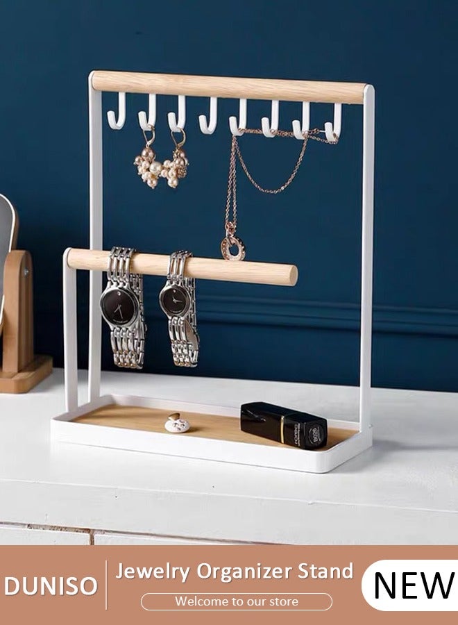 DUNISO Jewellery Organiser Stand, 2-Tier Jewelry Tower Rack with Earring Tray and Holes,Necklace Display Stand Earrings Holder Metal Hanging Pendant Rack,Jewelry Display Stand for Bracelets Rings Watches Keys - Image 1