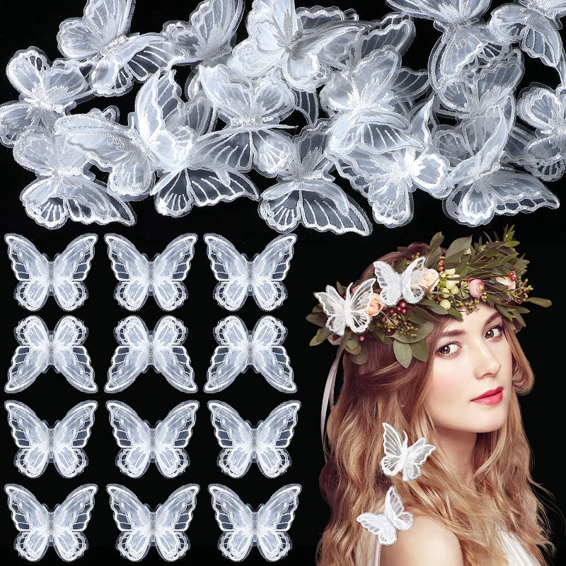 Canlierr 30 Pieces Butterfly Lace Trims Organza Decorative Patches Embroidered Butterfly Embellishments for DIY Crafts Bridal Headdress Hair Accessories (White) - Image 1
