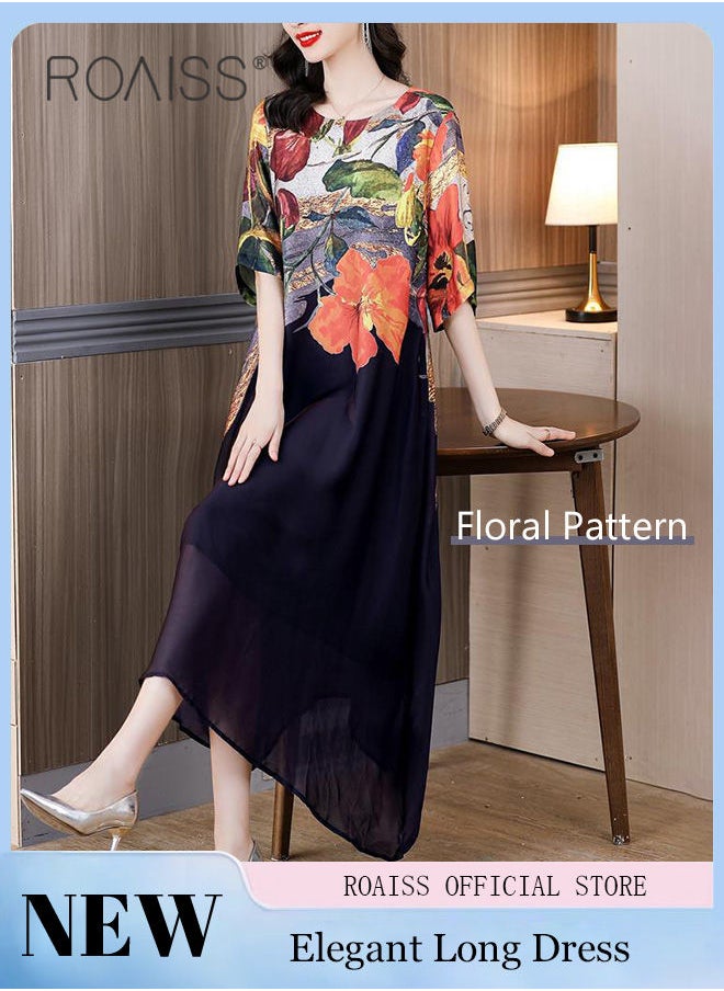 roaiss Women Light Floral Dress Women Korean Elegant Loose Waist Dress Summer Vintage Ladies Loose Summer Dress Lapel V Neck Short Sleeve A Line Hemline Contrasting Causal Maxi Dresses  - Image 1