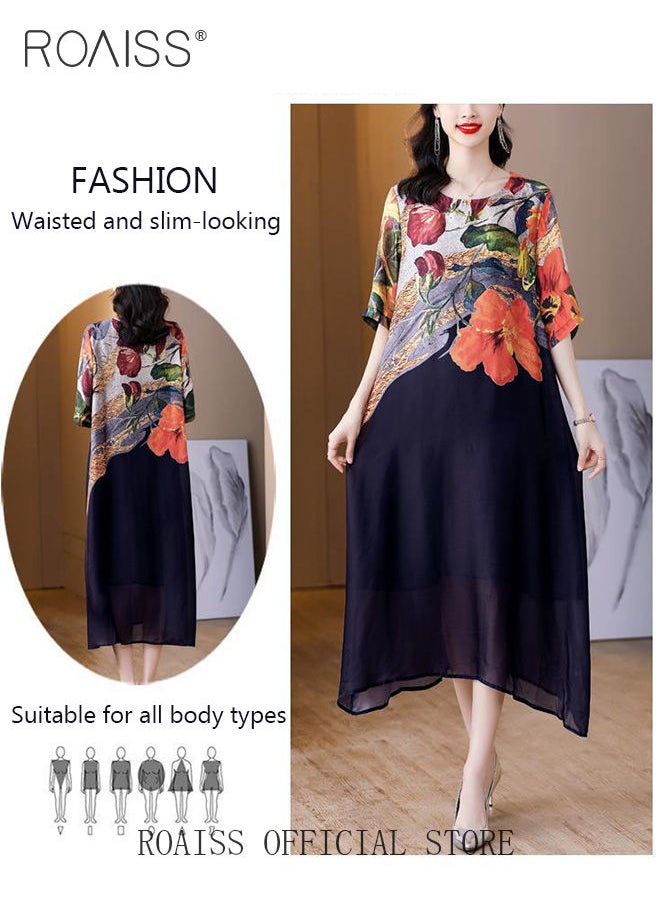 roaiss Women Light Floral Dress Women Korean Elegant Loose Waist Dress Summer Vintage Ladies Loose Summer Dress Lapel V Neck Short Sleeve A Line Hemline Contrasting Causal Maxi Dresses  - Image 3