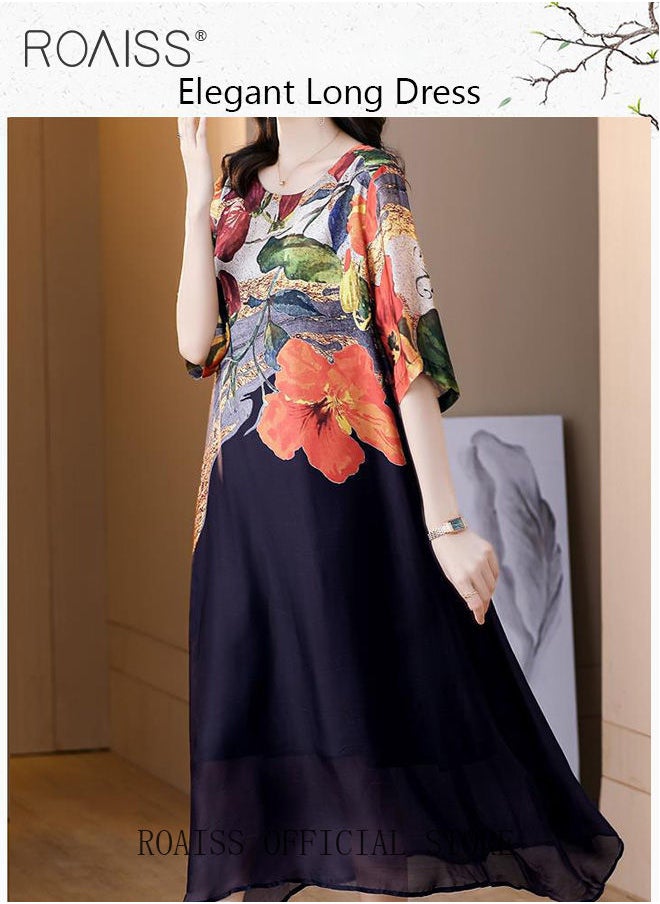 roaiss Women Light Floral Dress Women Korean Elegant Loose Waist Dress Summer Vintage Ladies Loose Summer Dress Lapel V Neck Short Sleeve A Line Hemline Contrasting Causal Maxi Dresses  - Image 4