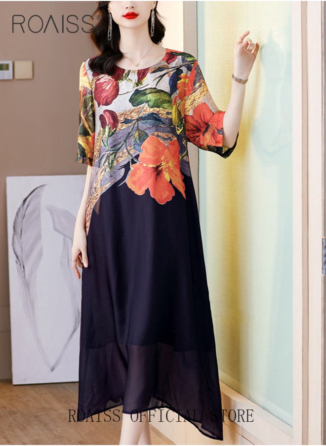 roaiss Women Light Floral Dress Women Korean Elegant Loose Waist Dress Summer Vintage Ladies Loose Summer Dress Lapel V Neck Short Sleeve A Line Hemline Contrasting Causal Maxi Dresses  - Image 2