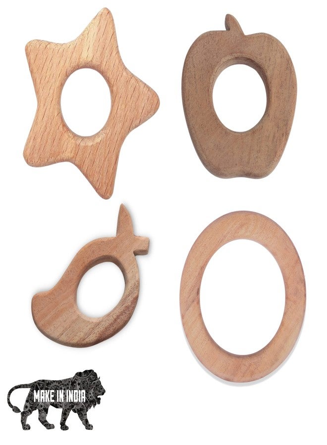 GIFT EQUALS LOVE Infant Neem Wooden Teethers Shaped Like Ring, Mango, Star And Apple Brown For Babies Handmade And Safe For Babies(Set Of 4) - Image 1