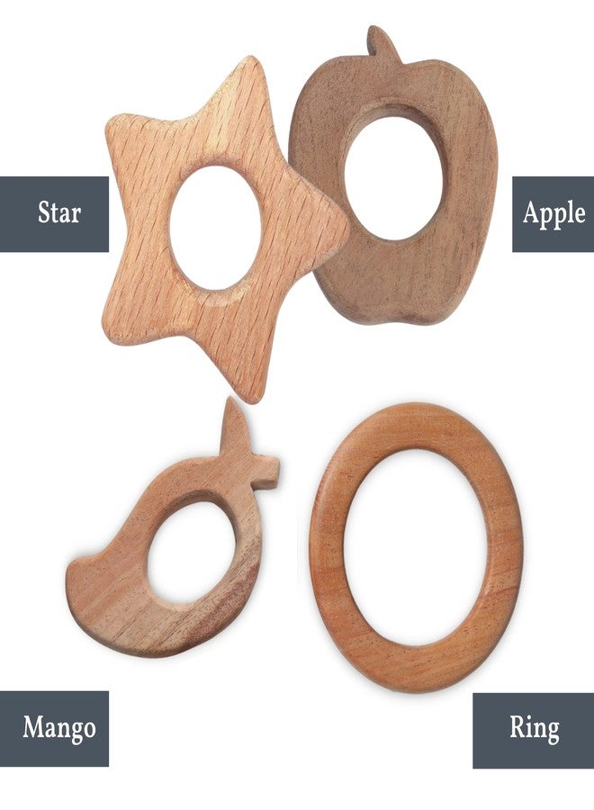 GIFT EQUALS LOVE Infant Neem Wooden Teethers Shaped Like Ring, Mango, Star And Apple Brown For Babies Handmade And Safe For Babies(Set Of 4) - Image 2