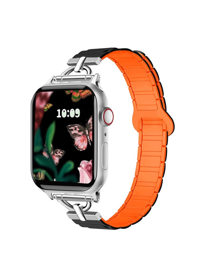 Suitable For Apple Watch For ApplewatchS10 Magnetic Two-color Small Waist Silicone Strap Girls 2025 New-Color:42/44/45/46mm Black With Orange  - Image 1
