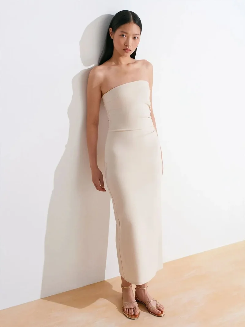 ديلفين Dilvin Strapless Bodycon Midi Dress With Slit