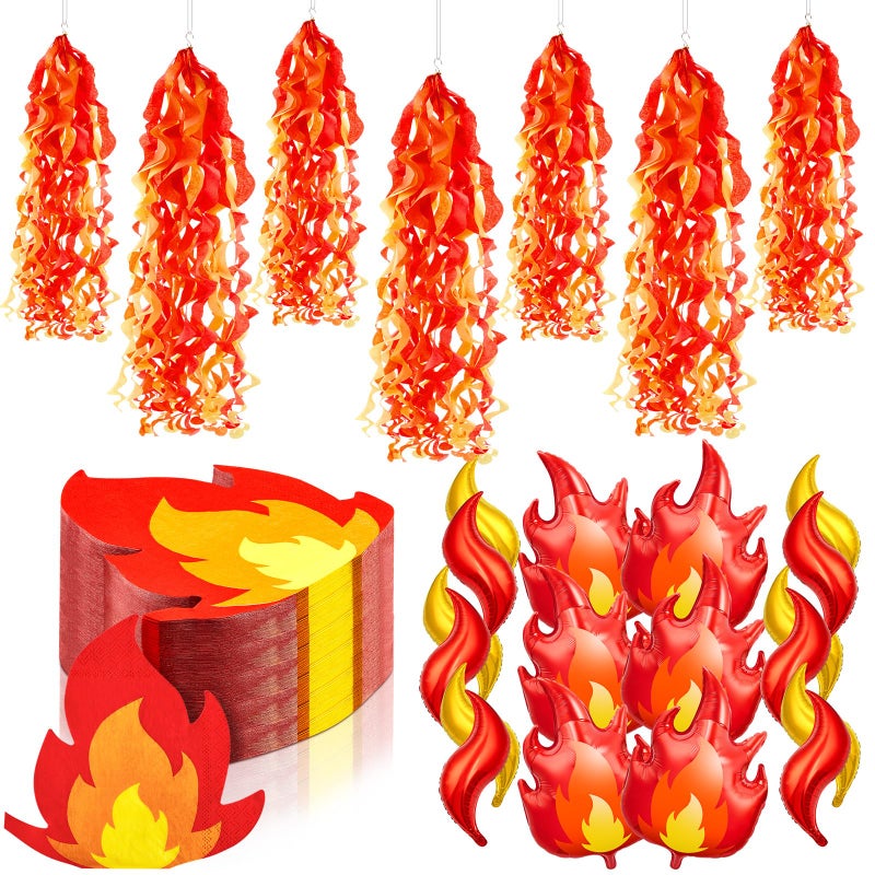 Blueweenly 74 Pcs Fire Party Decorations Include 18 Flame Balloons 6 Fire Paper Hanging Decorations and 50 Flame Napkins for Fireman Graduation Party Supplies - Image 1
