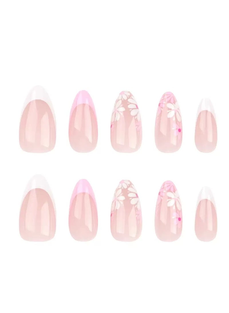 Press On Nails,24pcs,Minimalist French Almond-Shaped Press-On Nails, Exquisite Hand-Painted Floral Nail Art Tips, Fashionable and Versatile Reusable Fake Nails.Acrylic Nails With Glue Kit. - Image 5