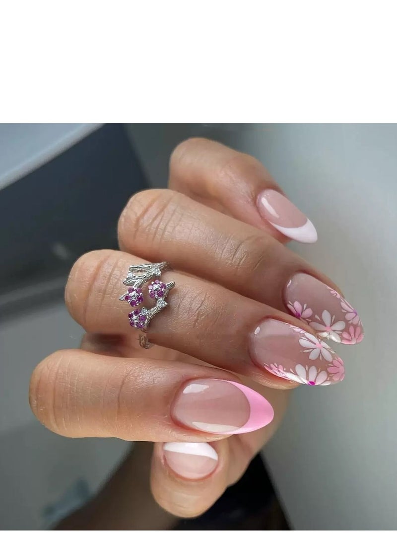 Press On Nails,24pcs,Minimalist French Almond-Shaped Press-On Nails, Exquisite Hand-Painted Floral Nail Art Tips, Fashionable and Versatile Reusable Fake Nails.Acrylic Nails With Glue Kit. - Image 1