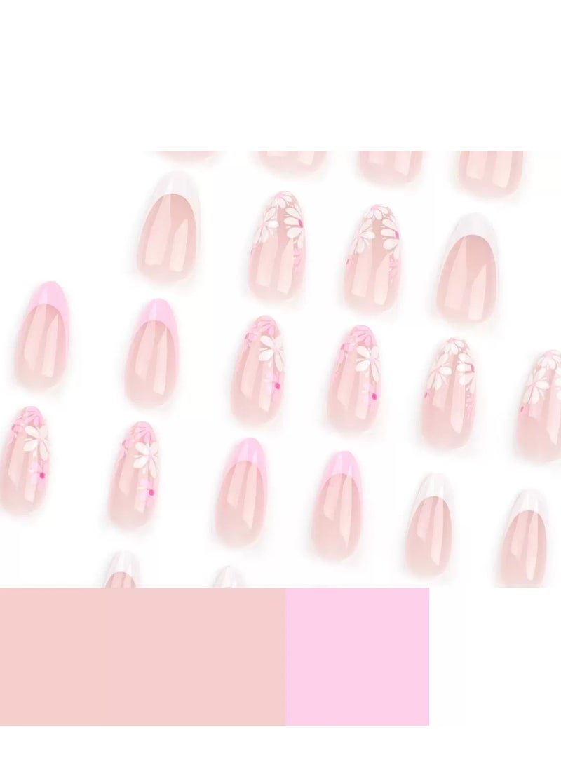 Press On Nails,24pcs,Minimalist French Almond-Shaped Press-On Nails, Exquisite Hand-Painted Floral Nail Art Tips, Fashionable and Versatile Reusable Fake Nails.Acrylic Nails With Glue Kit. - Image 2