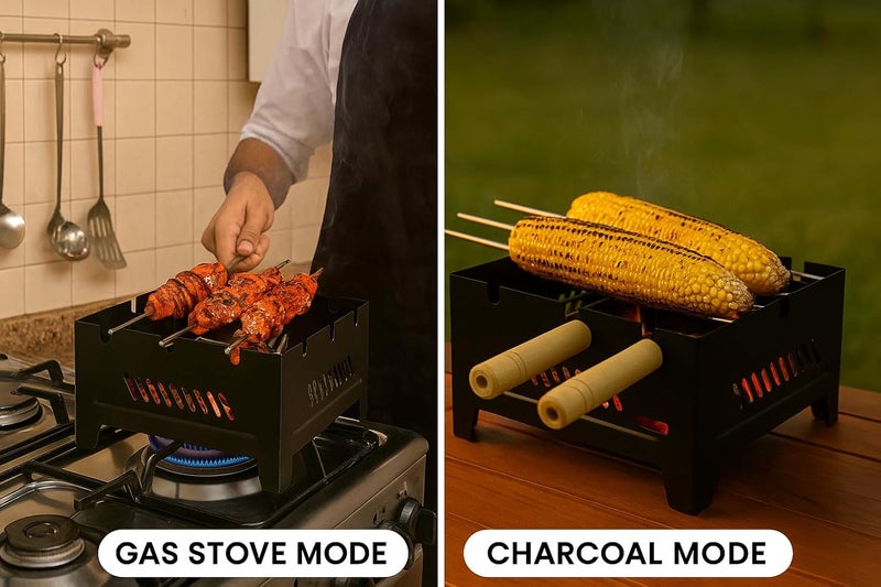 Chefman Portable Charcoal & Gas Barbeque Grill | 2-in-1 Outdoor BBQ with 3 Skewers | Portable Tandoor for Home, Travel & Camping - Image 4