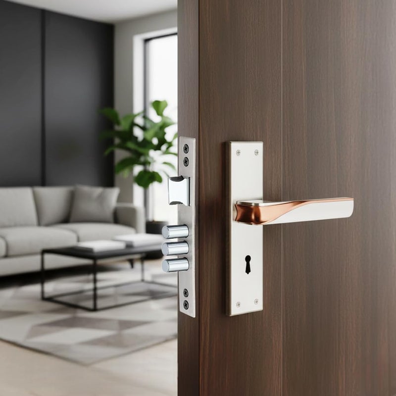 KI SHIELD مجموعة مقبض قفل الباب الميت | مجموعة قفل فولاذية 8 بوصة 1019 KY | قفل مزدوج الدور 6 رافعات 65 مم | مناسب لباب غرفة المعيشة وباب النوم لليد اليسرى واليمنى (تشطيب فضي ساتيني/ذهب وردي) - Image 2