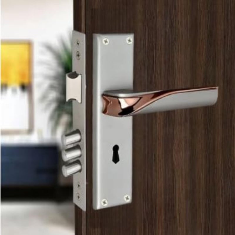 KI SHIELD مجموعة مقبض قفل الباب الميت | مجموعة قفل فولاذية 8 بوصة 1019 KY | قفل مزدوج الدور 6 رافعات 65 مم | مناسب لباب غرفة المعيشة وباب النوم لليد اليسرى واليمنى (تشطيب فضي ساتيني/ذهب وردي) - Image 1